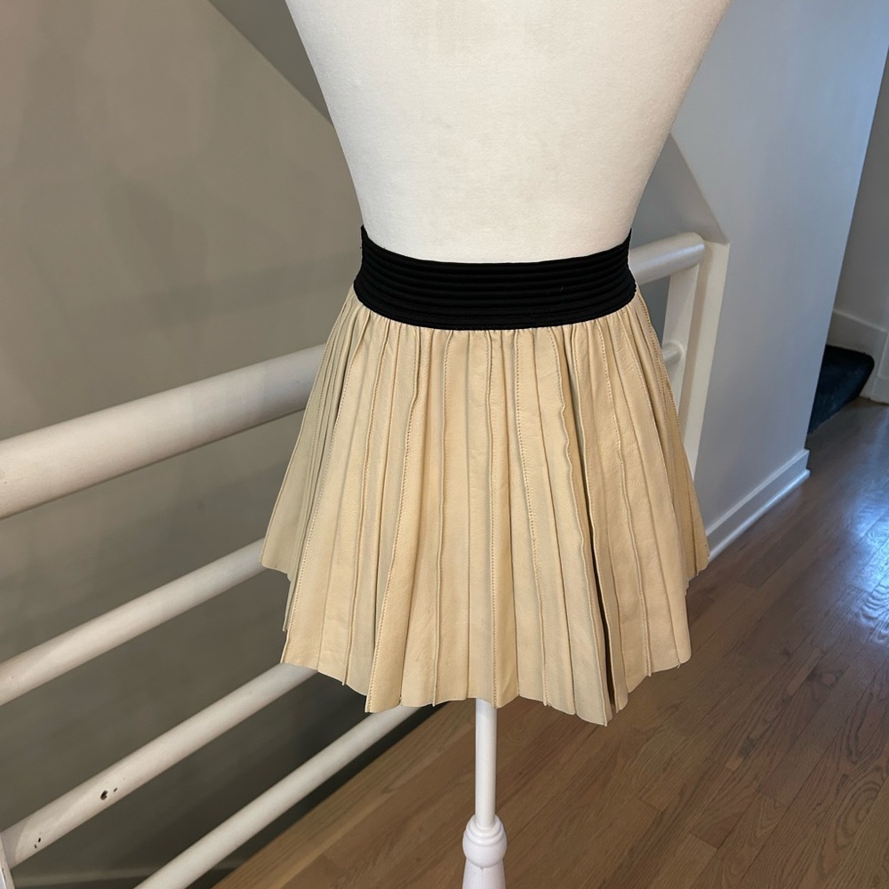 Tan Pleated Leather Mini Skirt